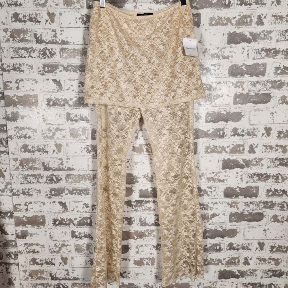 Forever 21 Leggings Cream Floral Lace Skirt Overlay Fairy Romantic Women's Large